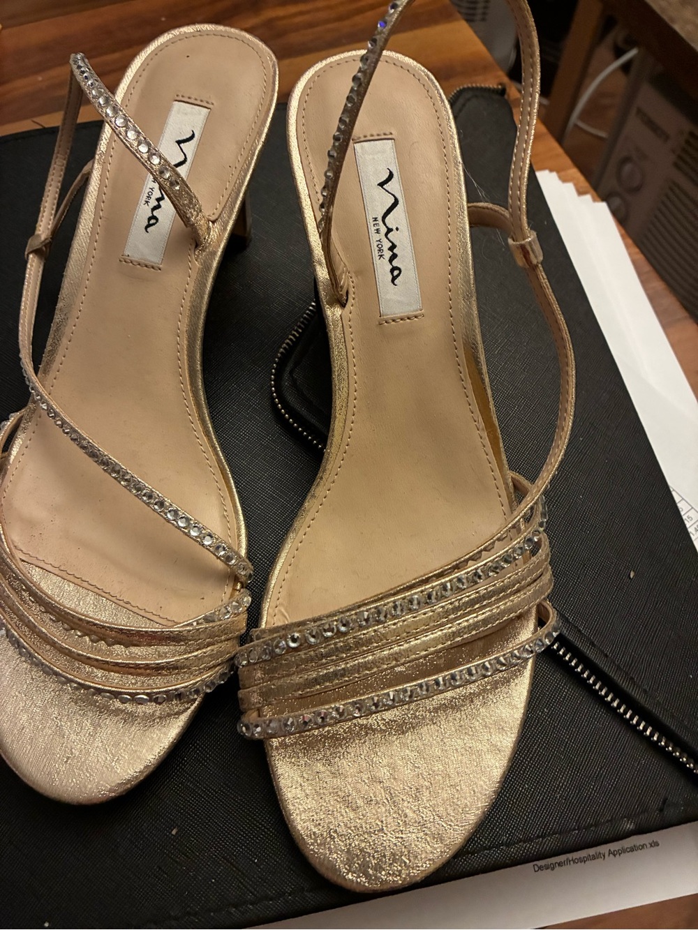 ANNA New York Metallic Gold Strappy Crystal Heels